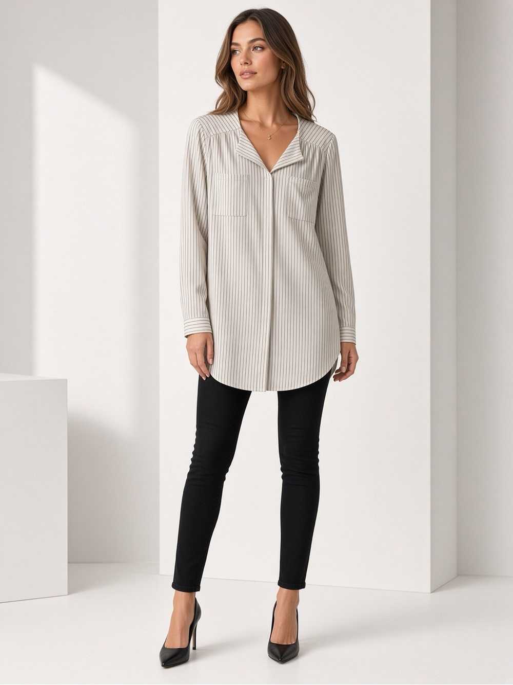 Worthington Cream and Light Gray Striped Button-Down Tunic